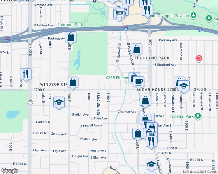 map of restaurants, bars, coffee shops, grocery stores, and more near 2642 South 1100 East in Salt Lake City