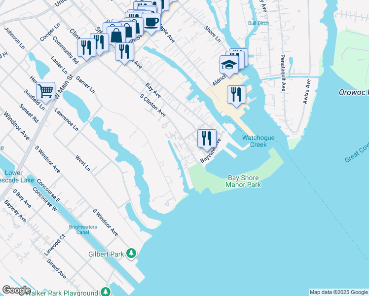map of restaurants, bars, coffee shops, grocery stores, and more near 122 S Clinton Ave in Bay Shore
