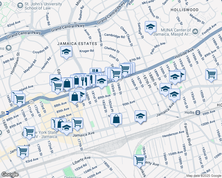 map of restaurants, bars, coffee shops, grocery stores, and more near 88-24 183rd Street in Queens