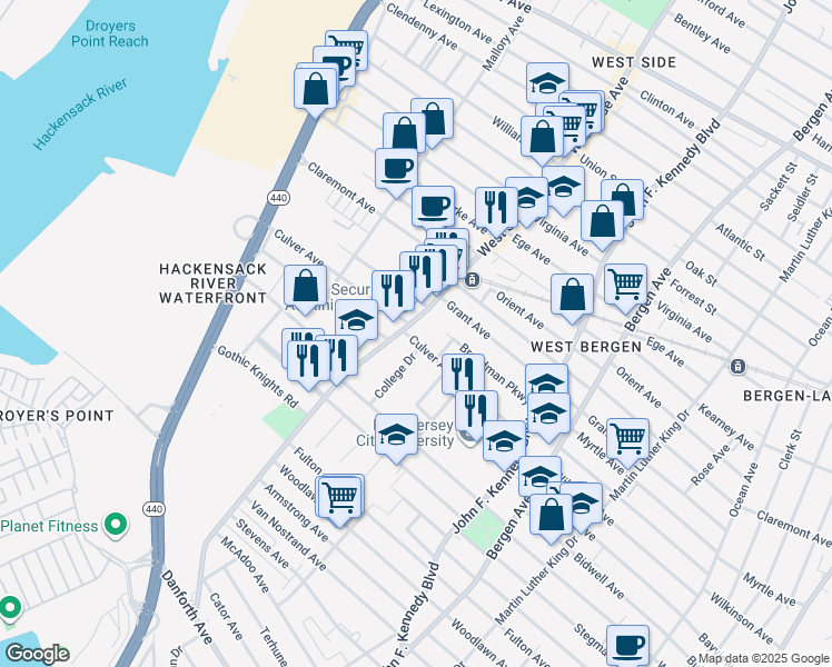 map of restaurants, bars, coffee shops, grocery stores, and more near 322 West Side Avenue in Jersey City