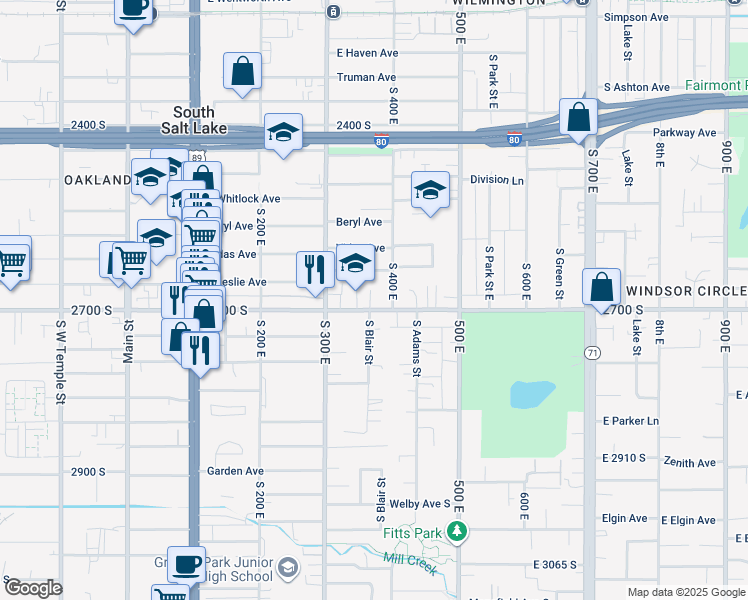 map of restaurants, bars, coffee shops, grocery stores, and more near 2681-2695 South 360 East in South Salt Lake