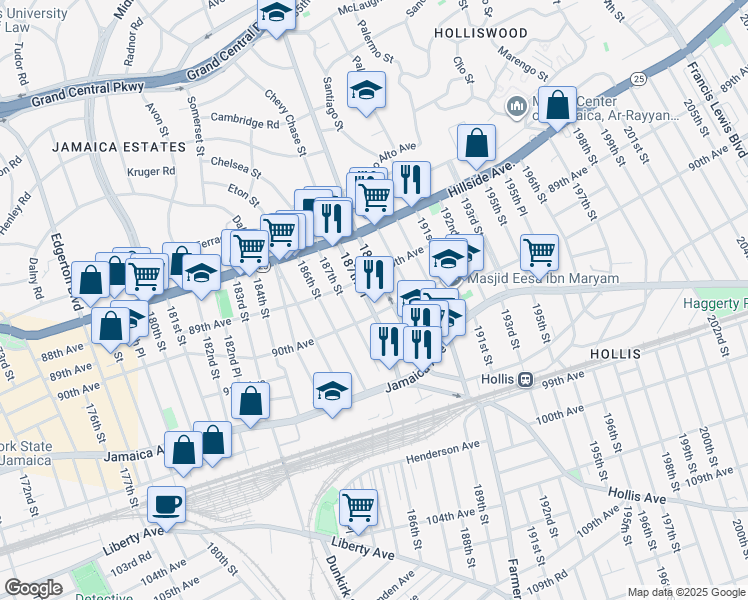map of restaurants, bars, coffee shops, grocery stores, and more near 89-23 187th Place in Queens