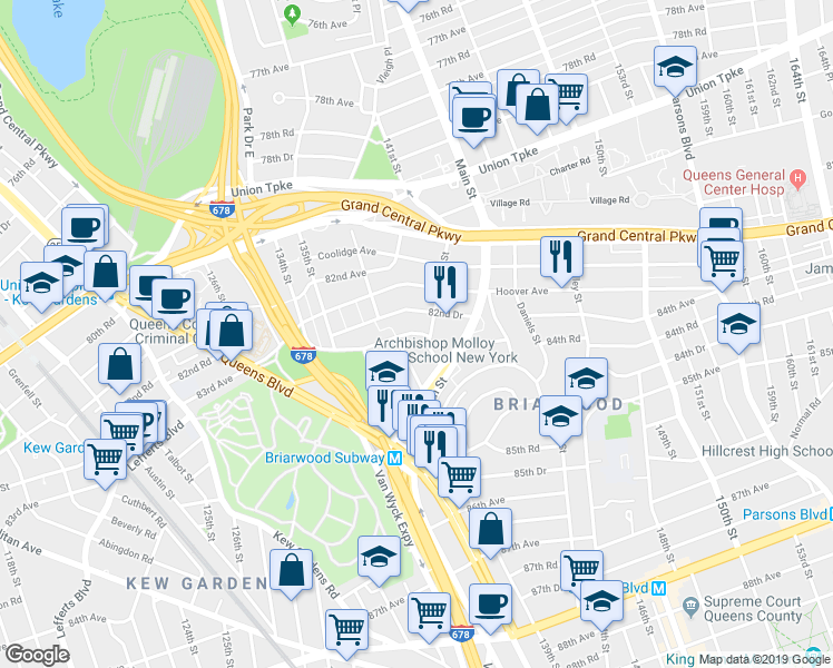 map of restaurants, bars, coffee shops, grocery stores, and more near 140-60 83rd Avenue in Queens