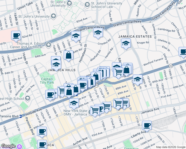 map of restaurants, bars, coffee shops, grocery stores, and more near 87-03 Kingston Place in Queens