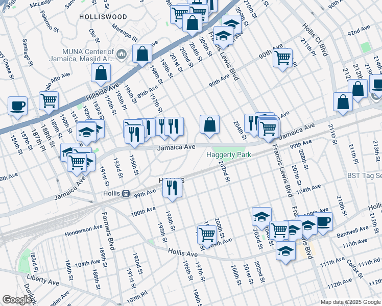 map of restaurants, bars, coffee shops, grocery stores, and more near 198-10 Jamaica Ave in Queens