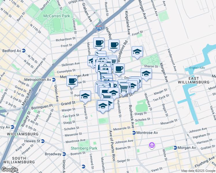 map of restaurants, bars, coffee shops, grocery stores, and more near 260 Ainslie Street in Brooklyn