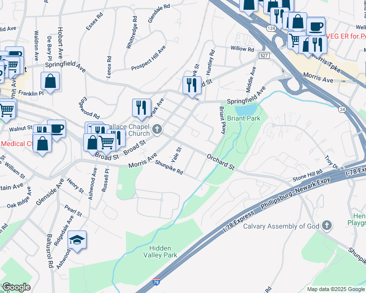 map of restaurants, bars, coffee shops, grocery stores, and more near 97 Orchard Street in Summit