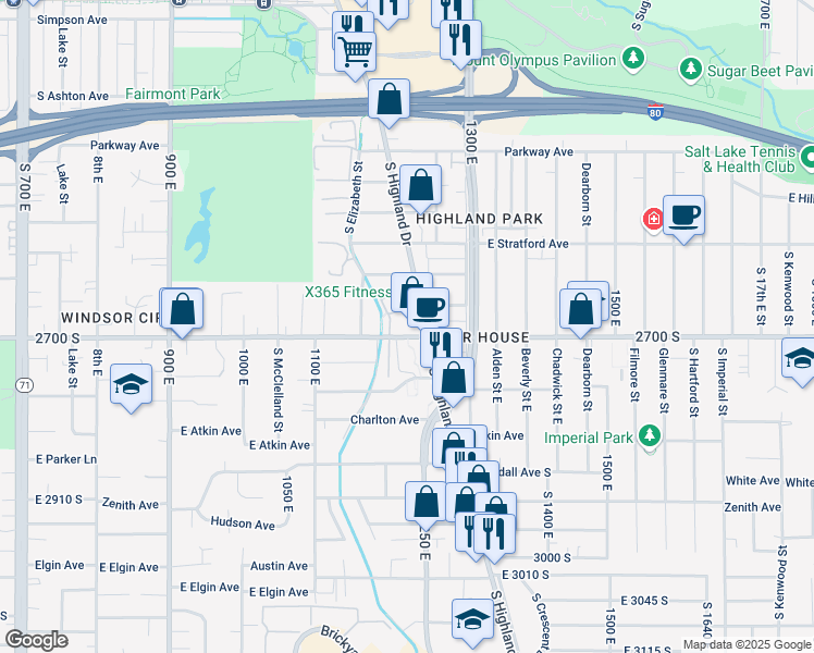 map of restaurants, bars, coffee shops, grocery stores, and more near 1203 2700 South in Salt Lake City