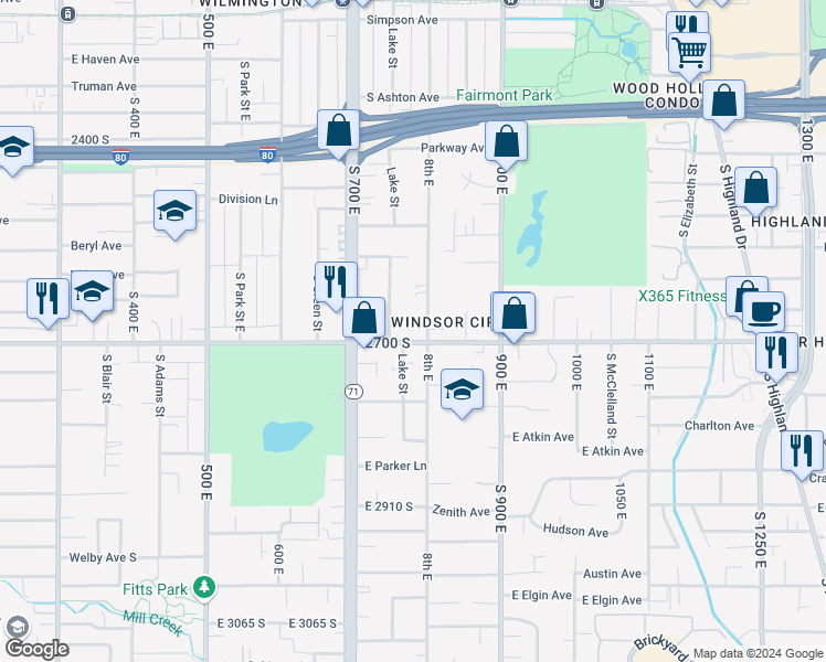 map of restaurants, bars, coffee shops, grocery stores, and more near 2642 800 East in Salt Lake City