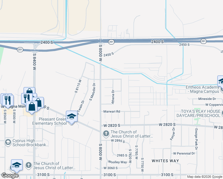 map of restaurants, bars, coffee shops, grocery stores, and more near 2607 Athena Drive in Magna