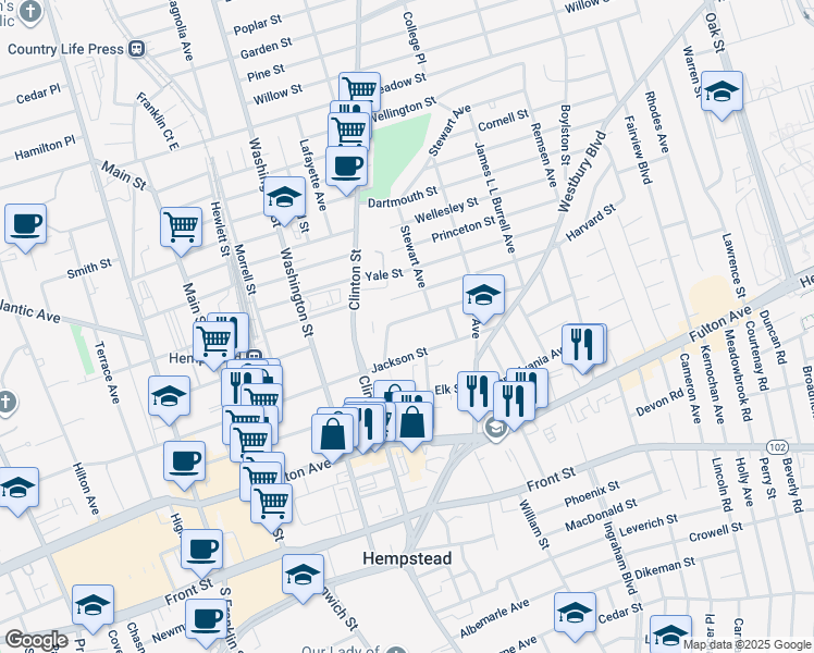 map of restaurants, bars, coffee shops, grocery stores, and more near 262 East Columbia Street in Hempstead