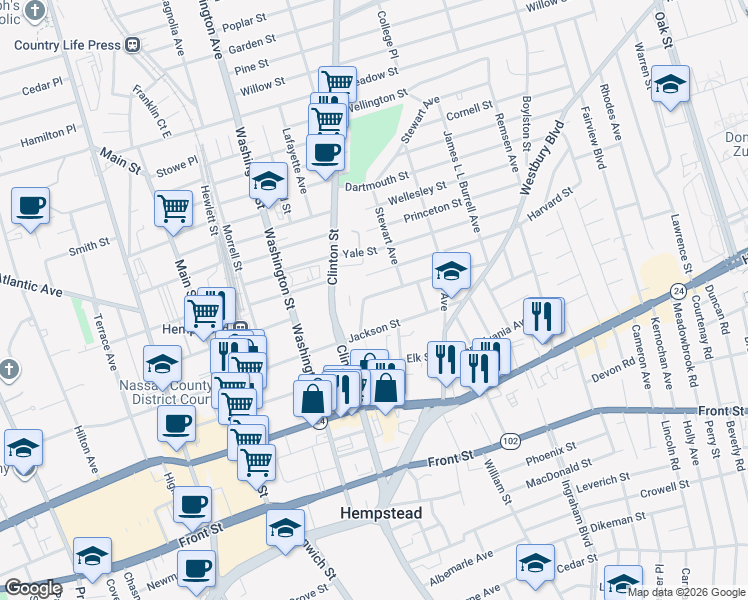 map of restaurants, bars, coffee shops, grocery stores, and more near 262 East Columbia Street in Hempstead