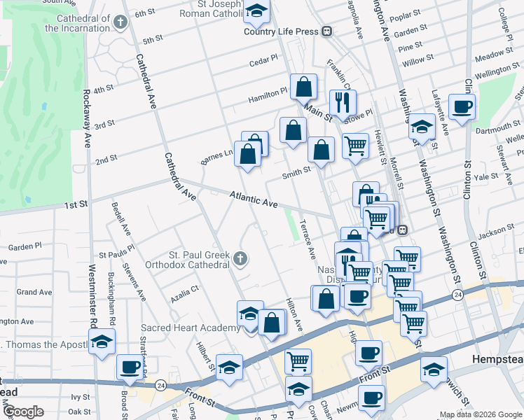 map of restaurants, bars, coffee shops, grocery stores, and more near 180 Hilton Avenue in Hempstead
