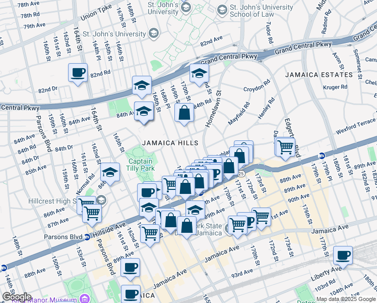 map of restaurants, bars, coffee shops, grocery stores, and more near 85-24 168th Place in Queens