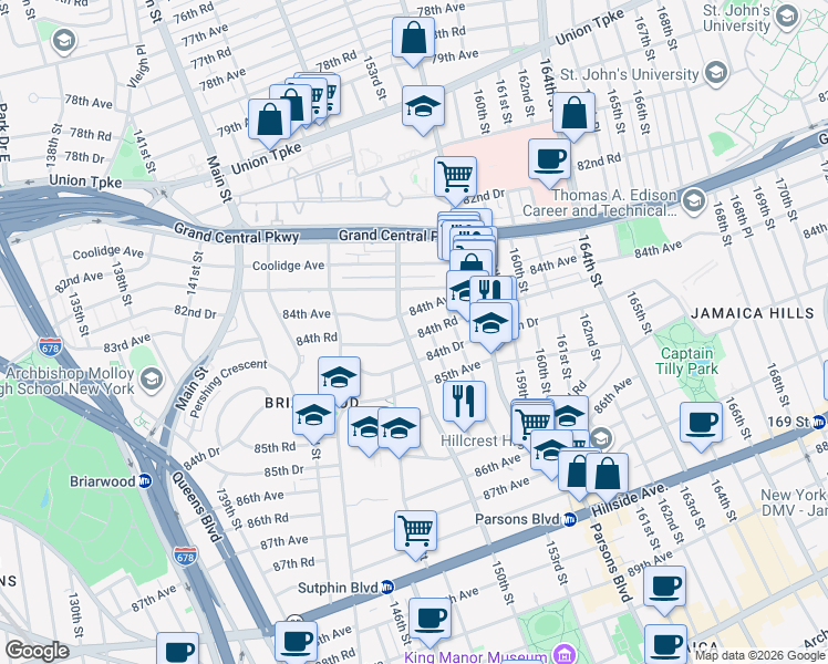 map of restaurants, bars, coffee shops, grocery stores, and more near 150-16 84th Road in Queens