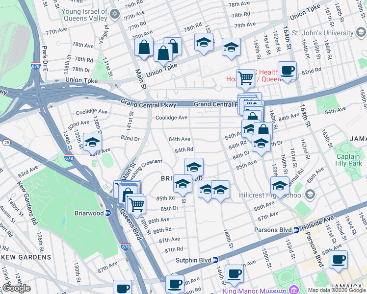 map of restaurants, bars, coffee shops, grocery stores, and more near 143-21 84th Road in Queens