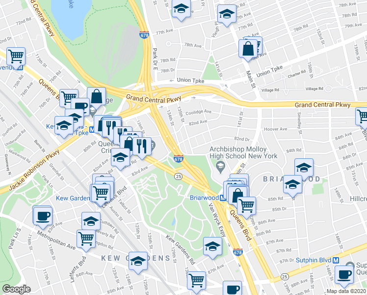 map of restaurants, bars, coffee shops, grocery stores, and more near in Queens