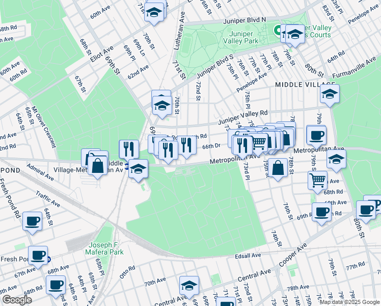 map of restaurants, bars, coffee shops, grocery stores, and more near 66-55 71st Street in Queens