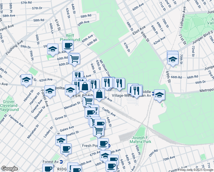 map of restaurants, bars, coffee shops, grocery stores, and more near 62-61 65th Street in Queens