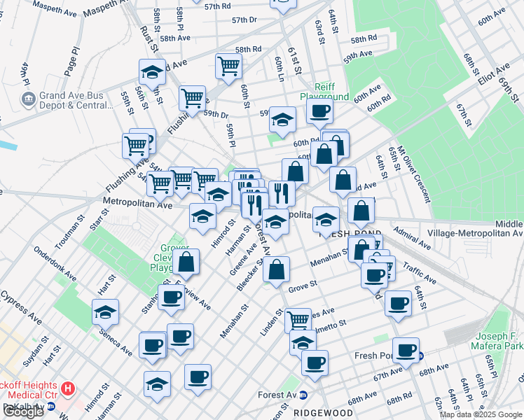 map of restaurants, bars, coffee shops, grocery stores, and more near 60-09 Metropolitan Avenue in Queens