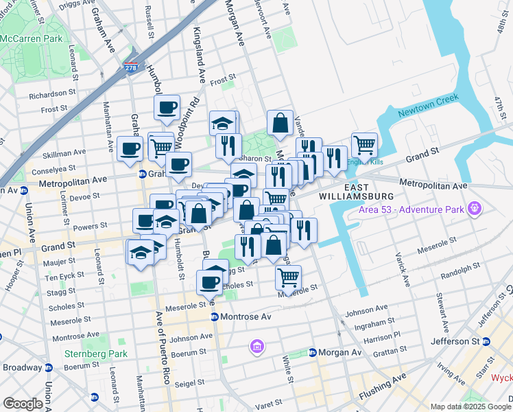 map of restaurants, bars, coffee shops, grocery stores, and more near 958 Grand Street in Brooklyn