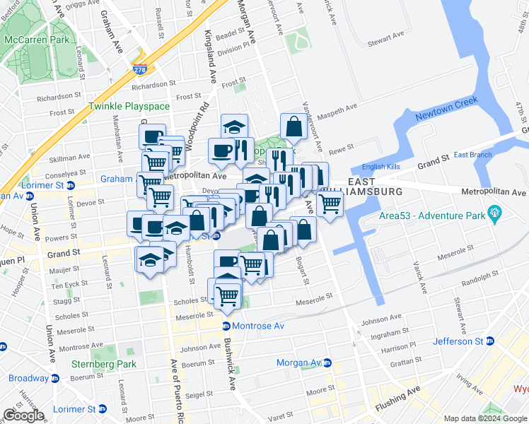 map of restaurants, bars, coffee shops, grocery stores, and more near 316 Powers Street in Brooklyn