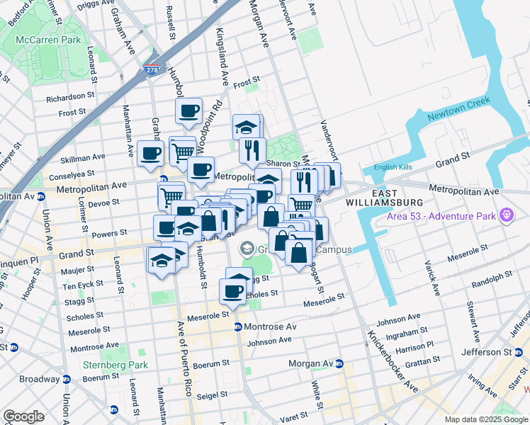 map of restaurants, bars, coffee shops, grocery stores, and more near 316 Powers Street in Brooklyn