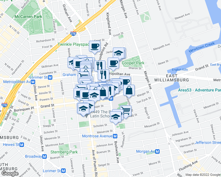 map of restaurants, bars, coffee shops, grocery stores, and more near 65 Bushwick Avenue in Brooklyn