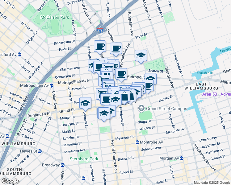 map of restaurants, bars, coffee shops, grocery stores, and more near 321A Humboldt Street in Brooklyn