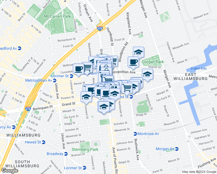 map of restaurants, bars, coffee shops, grocery stores, and more near 260 Ainslie Street in Brooklyn