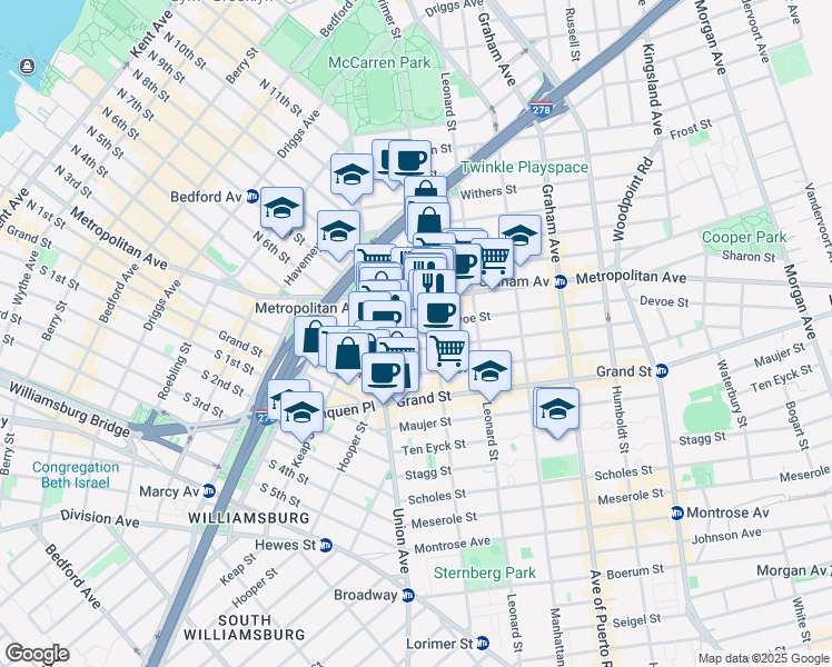 map of restaurants, bars, coffee shops, grocery stores, and more near 38 Devoe Street in Brooklyn