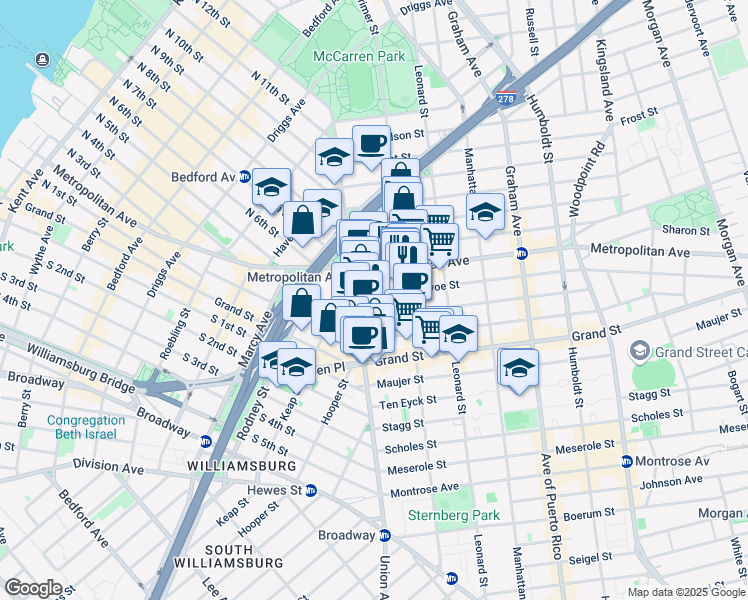 map of restaurants, bars, coffee shops, grocery stores, and more near 38 Devoe Street in Brooklyn