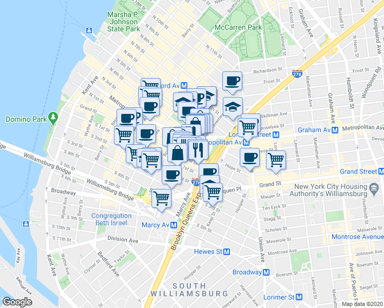 map of restaurants, bars, coffee shops, grocery stores, and more near 62 Hope Street in Brooklyn