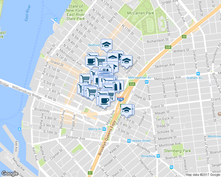 map of restaurants, bars, coffee shops, grocery stores, and more near 131 Havemeyer Street in Brooklyn