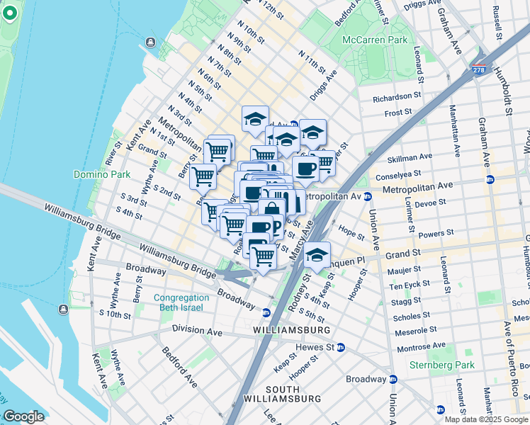 map of restaurants, bars, coffee shops, grocery stores, and more near 124-128 Havemeyer Street in Brooklyn