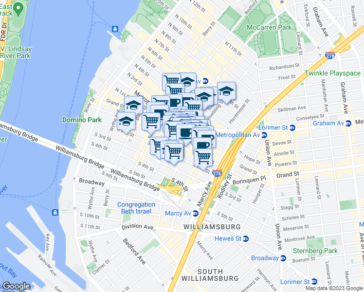 map of restaurants, bars, coffee shops, grocery stores, and more near 175 Roebling Street in Brooklyn