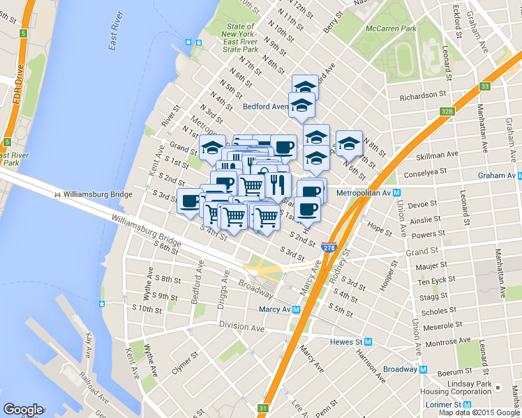 map of restaurants, bars, coffee shops, grocery stores, and more near in Brooklyn