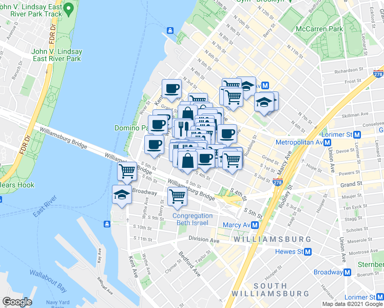 map of restaurants, bars, coffee shops, grocery stores, and more near 99 South 3rd Street in Brooklyn