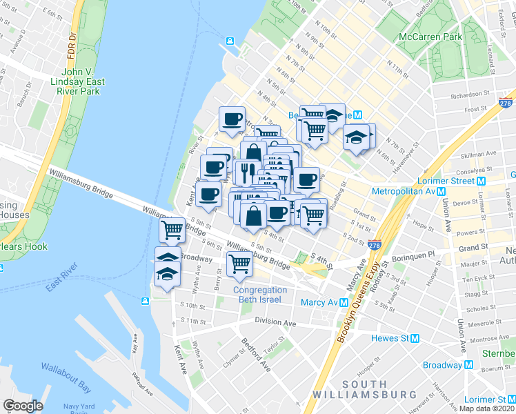 map of restaurants, bars, coffee shops, grocery stores, and more near 99 South 3rd Street in Brooklyn