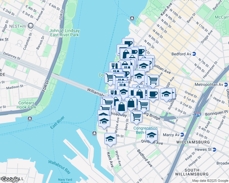 map of restaurants, bars, coffee shops, grocery stores, and more near 2 South 5th Street in Brooklyn