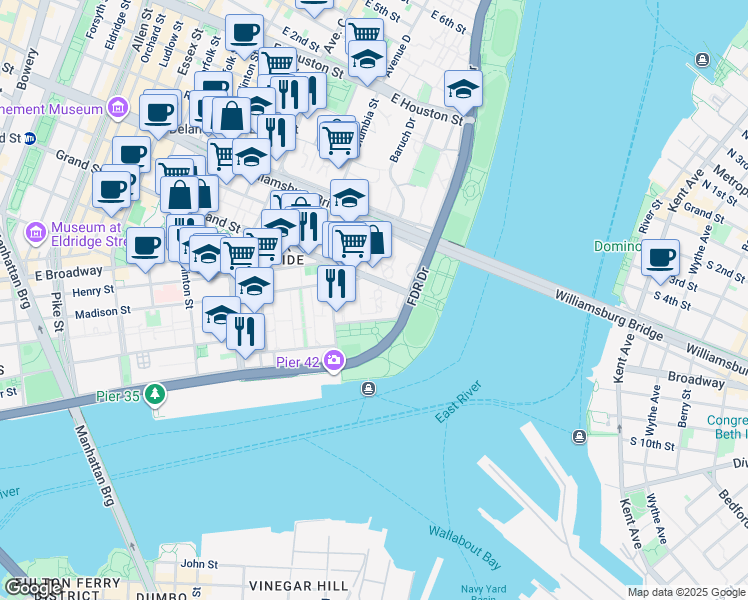 map of restaurants, bars, coffee shops, grocery stores, and more near 457 FDR Drive in New York