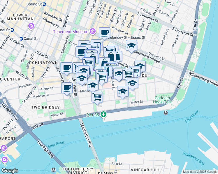 map of restaurants, bars, coffee shops, grocery stores, and more near 193 A Henry Street in New York