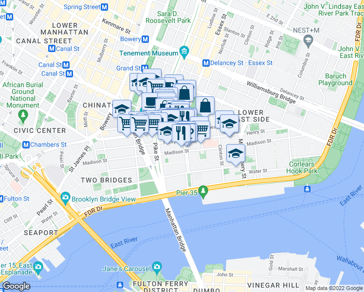 map of restaurants, bars, coffee shops, grocery stores, and more near 26 Rutgers Street in New York