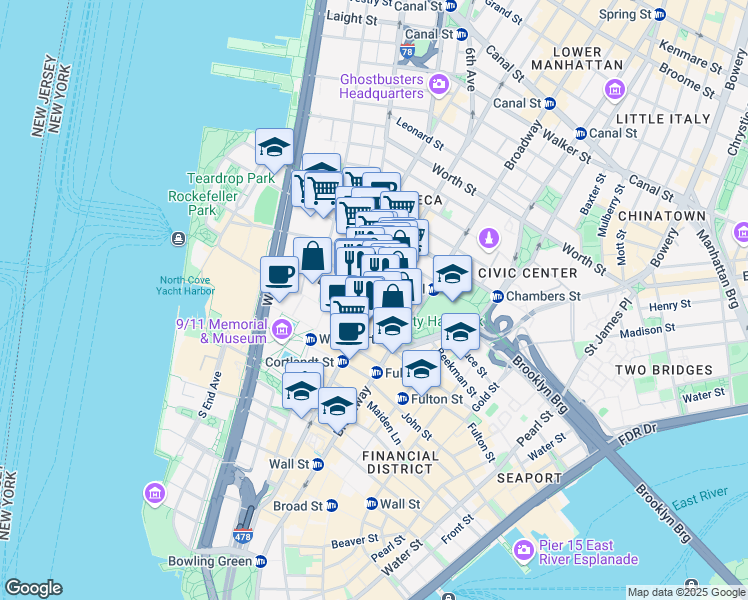 map of restaurants, bars, coffee shops, grocery stores, and more near in New York
