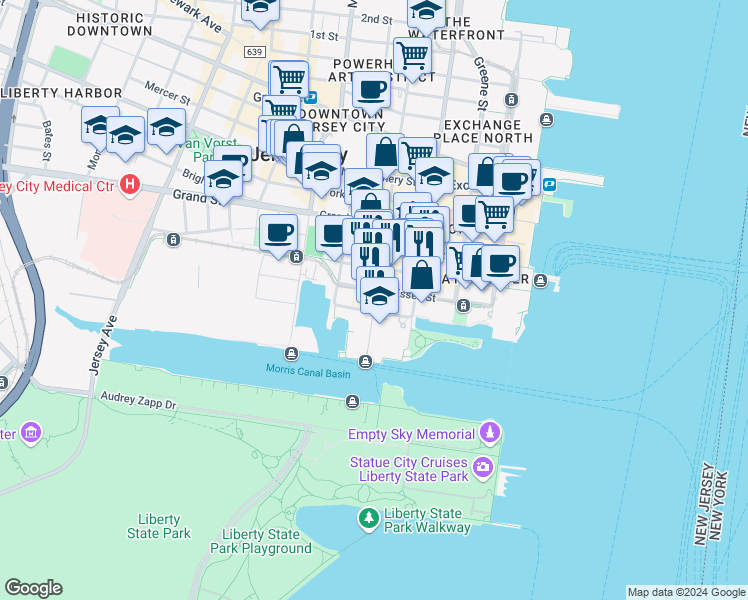 map of restaurants, bars, coffee shops, grocery stores, and more near in Jersey City