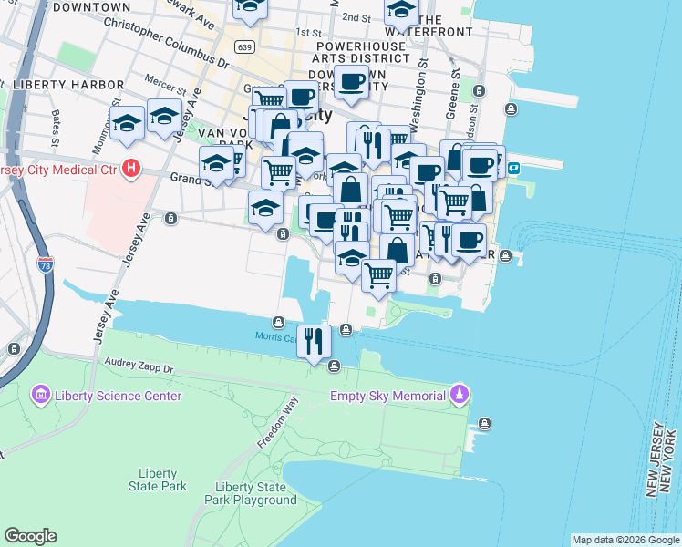 map of restaurants, bars, coffee shops, grocery stores, and more near in Jersey City