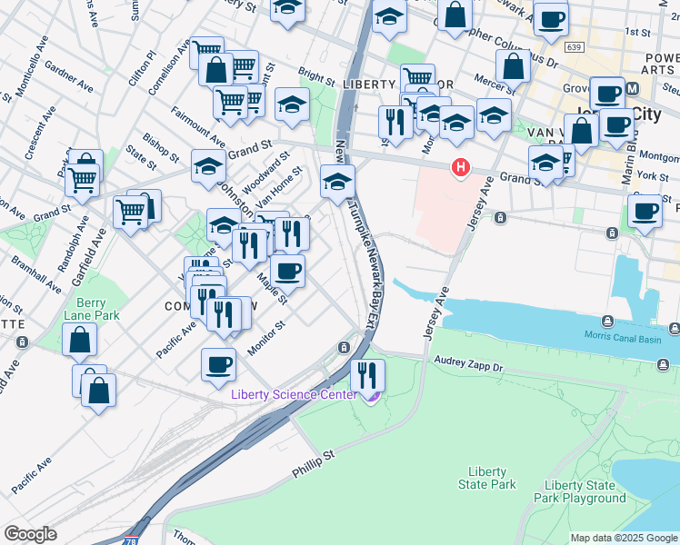 map of restaurants, bars, coffee shops, grocery stores, and more near 125 Monitor Street in Jersey City