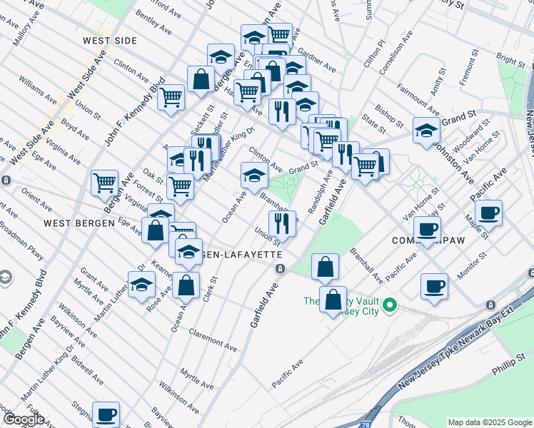 map of restaurants, bars, coffee shops, grocery stores, and more near 471 Bramhall Avenue in Jersey City