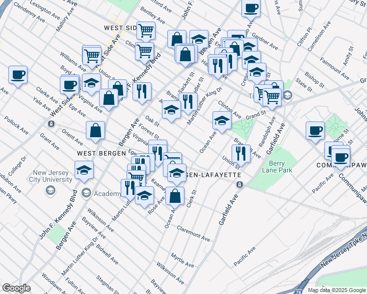 map of restaurants, bars, coffee shops, grocery stores, and more near 31 Oak Street in Jersey City