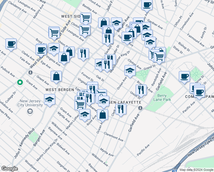 map of restaurants, bars, coffee shops, grocery stores, and more near 31 Oak Street in Jersey City